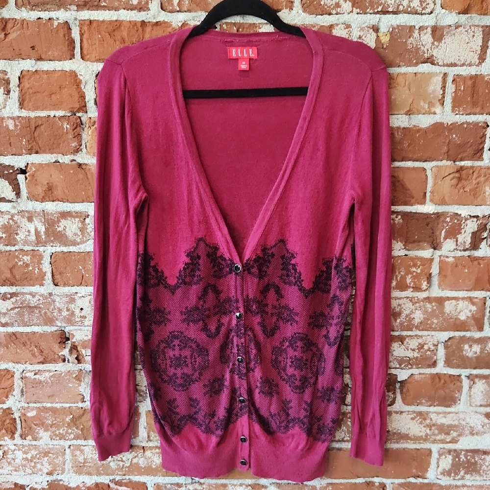 Elle Pink and Black Lace Print Cardigan Sweater